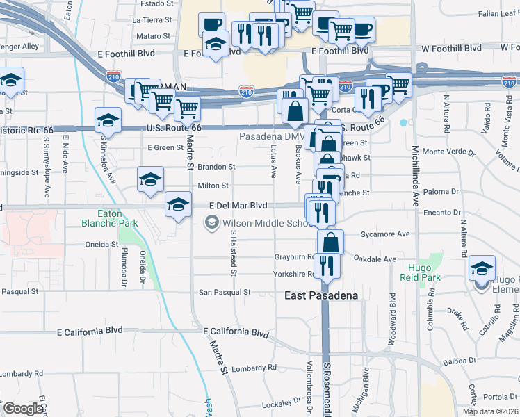 map of restaurants, bars, coffee shops, grocery stores, and more near 3579 Mountain View Avenue in Pasadena