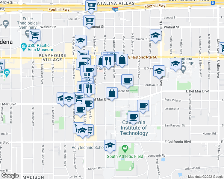 map of restaurants, bars, coffee shops, grocery stores, and more near in Pasadena