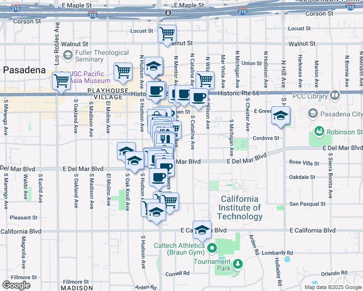 map of restaurants, bars, coffee shops, grocery stores, and more near 256 Shoppers Lane in Pasadena
