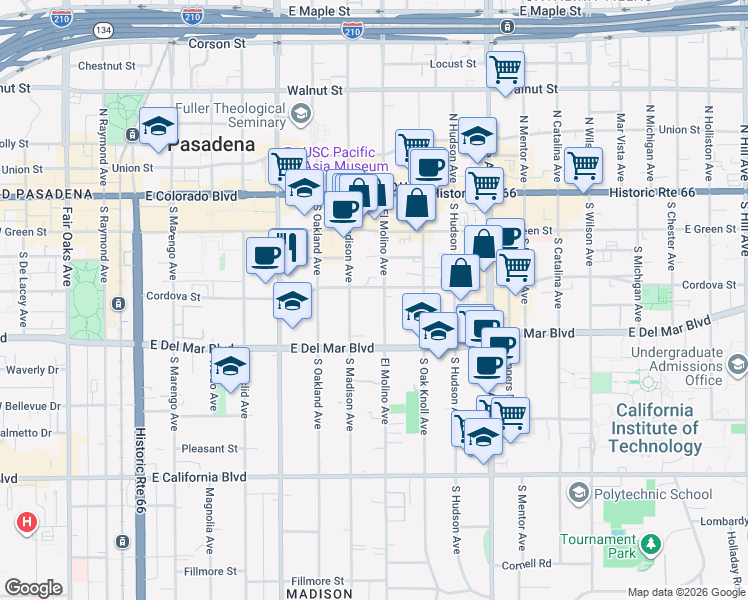 map of restaurants, bars, coffee shops, grocery stores, and more near in Pasadena