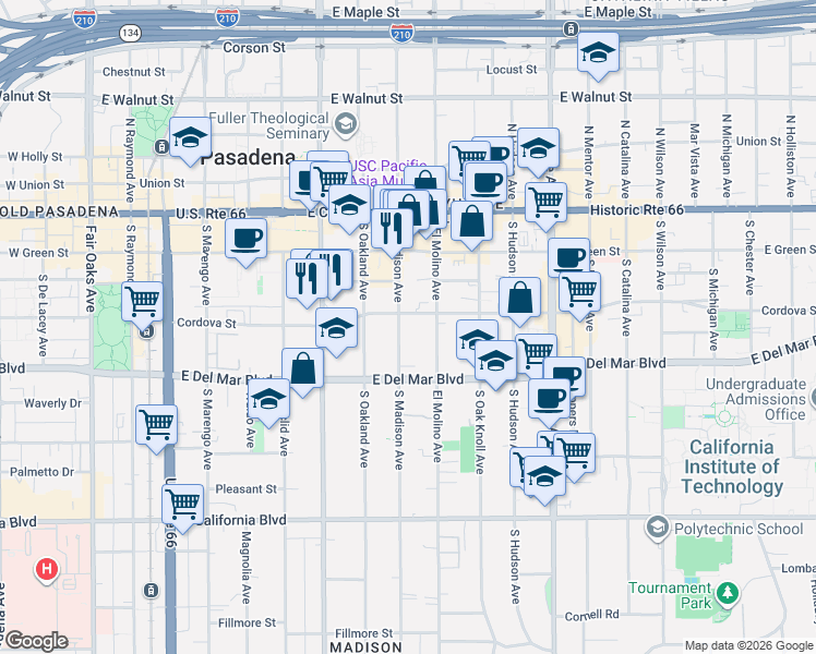 map of restaurants, bars, coffee shops, grocery stores, and more near 255 South Madison Avenue in Pasadena