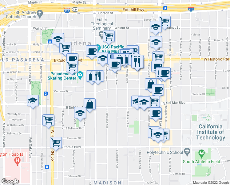map of restaurants, bars, coffee shops, grocery stores, and more near 255 South Madison Avenue in Pasadena