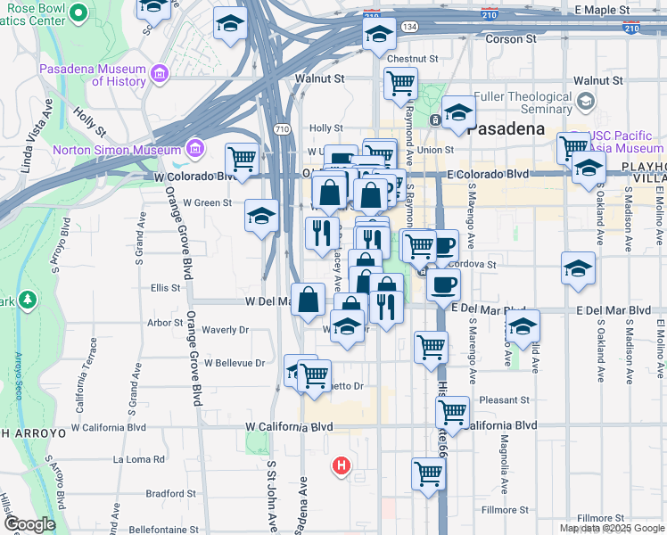 map of restaurants, bars, coffee shops, grocery stores, and more near 242 South De Lacey Avenue in Pasadena