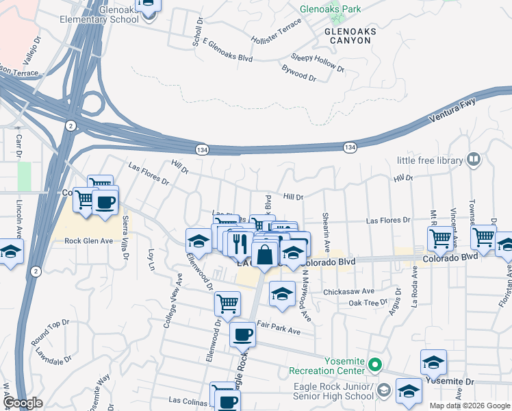 map of restaurants, bars, coffee shops, grocery stores, and more near 5208 Rockland Avenue in Los Angeles