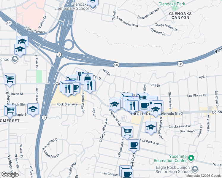 map of restaurants, bars, coffee shops, grocery stores, and more near 5141 Ellenwood Drive in Los Angeles