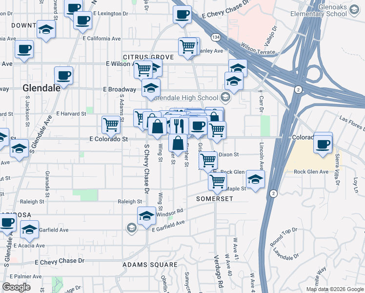 map of restaurants, bars, coffee shops, grocery stores, and more near 400 Fischer Street in Glendale