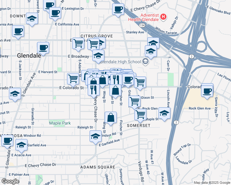 map of restaurants, bars, coffee shops, grocery stores, and more near 405 Porter Street in Glendale