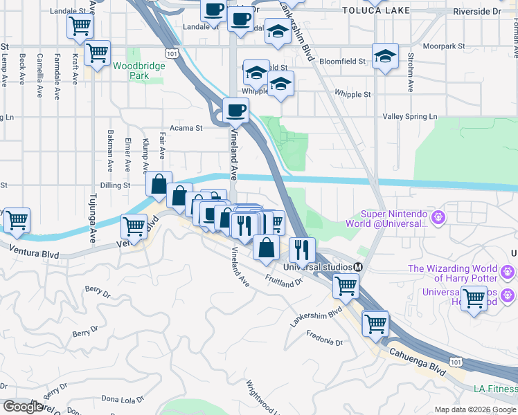 map of restaurants, bars, coffee shops, grocery stores, and more near 10925 Bluffside Drive in Los Angeles