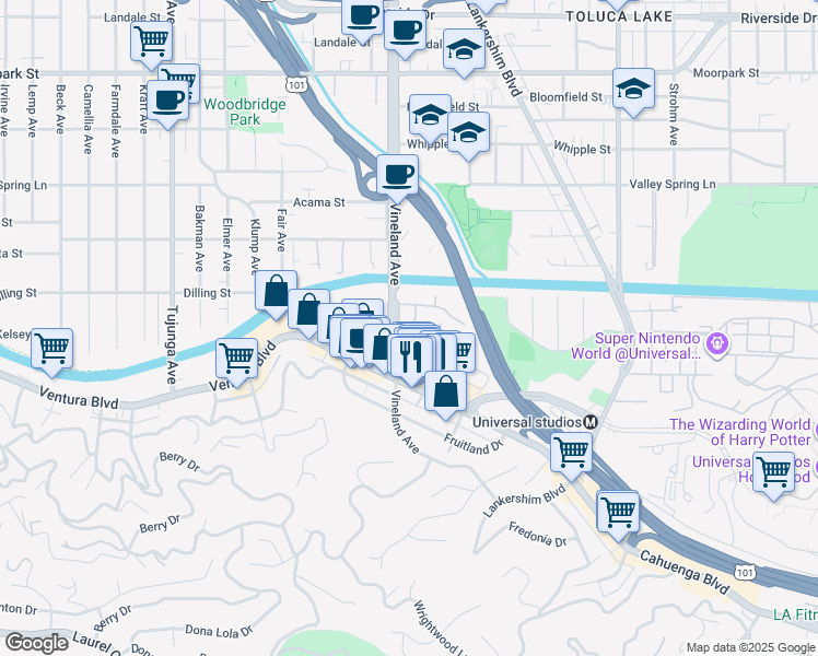 map of restaurants, bars, coffee shops, grocery stores, and more near 10978 Bluffside Drive in Los Angeles