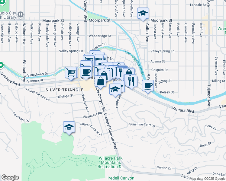 map of restaurants, bars, coffee shops, grocery stores, and more near 3947 Carpenter Avenue in Los Angeles