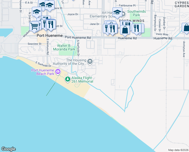 map of restaurants, bars, coffee shops, grocery stores, and more near 806 Bluewater Way in Port Hueneme