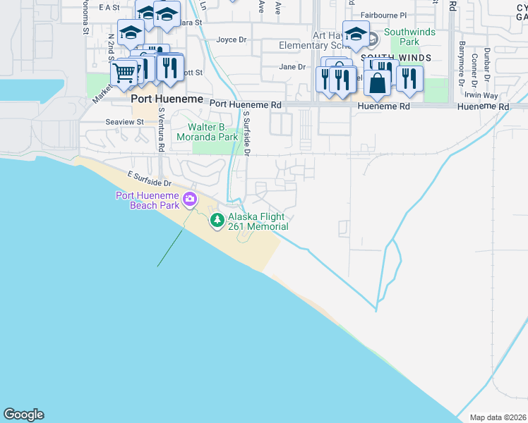 map of restaurants, bars, coffee shops, grocery stores, and more near 751 Reef Circle in Port Hueneme