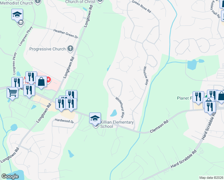 map of restaurants, bars, coffee shops, grocery stores, and more near 217 Whitehurst Way in Columbia
