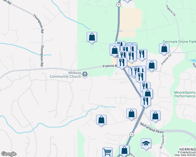 map of restaurants, bars, coffee shops, grocery stores, and more near 145 Clark Drive in Alpharetta