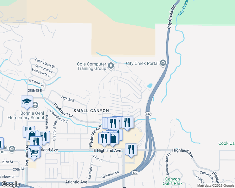 map of restaurants, bars, coffee shops, grocery stores, and more near in Highland