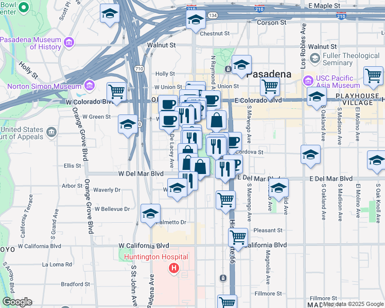 map of restaurants, bars, coffee shops, grocery stores, and more near 257 South Fair Oaks Avenue in Pasadena