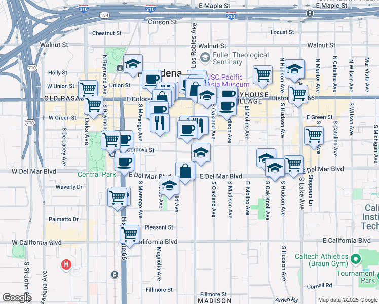 map of restaurants, bars, coffee shops, grocery stores, and more near 253 South Los Robles Avenue in Pasadena