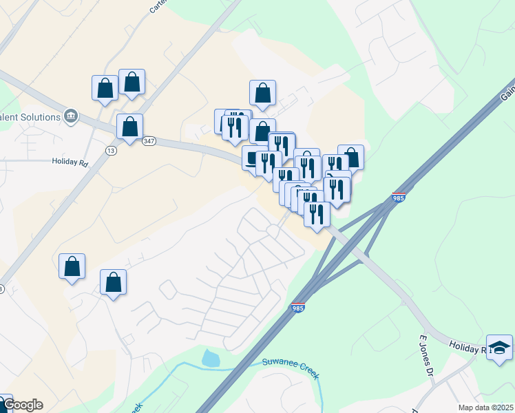 map of restaurants, bars, coffee shops, grocery stores, and more near 4742 Cherrywood Circle in Buford