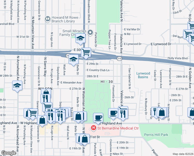 map of restaurants, bars, coffee shops, grocery stores, and more near 503 28th Street East in San Bernardino