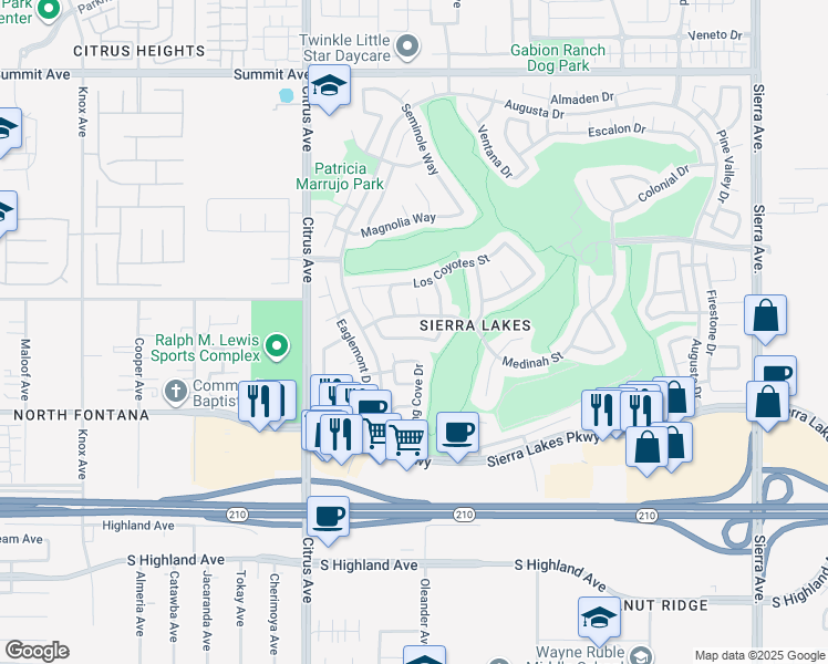 map of restaurants, bars, coffee shops, grocery stores, and more near 16292 Yorba Linda Lane in Fontana