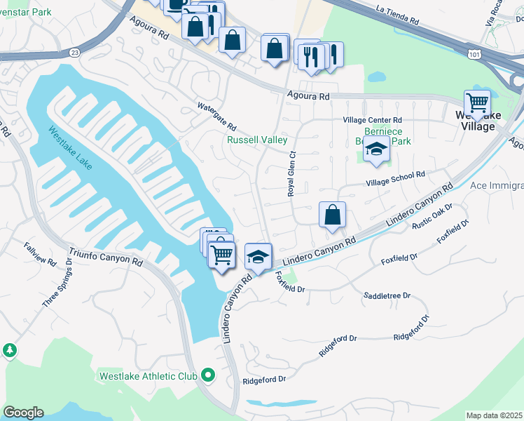 map of restaurants, bars, coffee shops, grocery stores, and more near 4061 Lakeview Canyon Road in Westlake Village