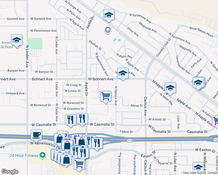 map of restaurants, bars, coffee shops, grocery stores, and more near 2350 North Beechwood Avenue in Rialto