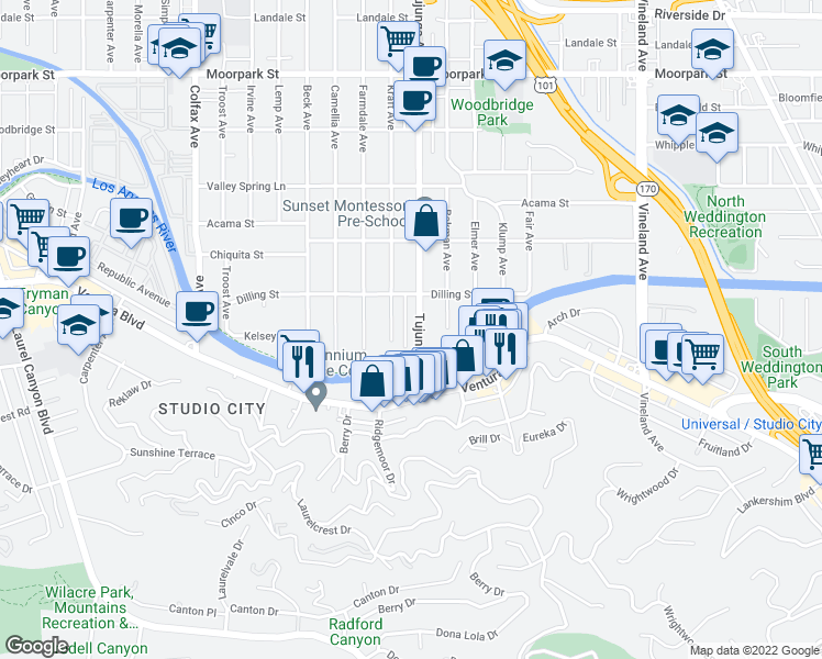 map of restaurants, bars, coffee shops, grocery stores, and more near 4077 Tujunga Avenue in Los Angeles