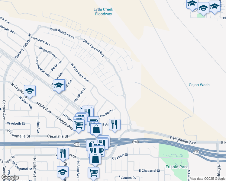map of restaurants, bars, coffee shops, grocery stores, and more near 2335 Powell Drive in Rialto