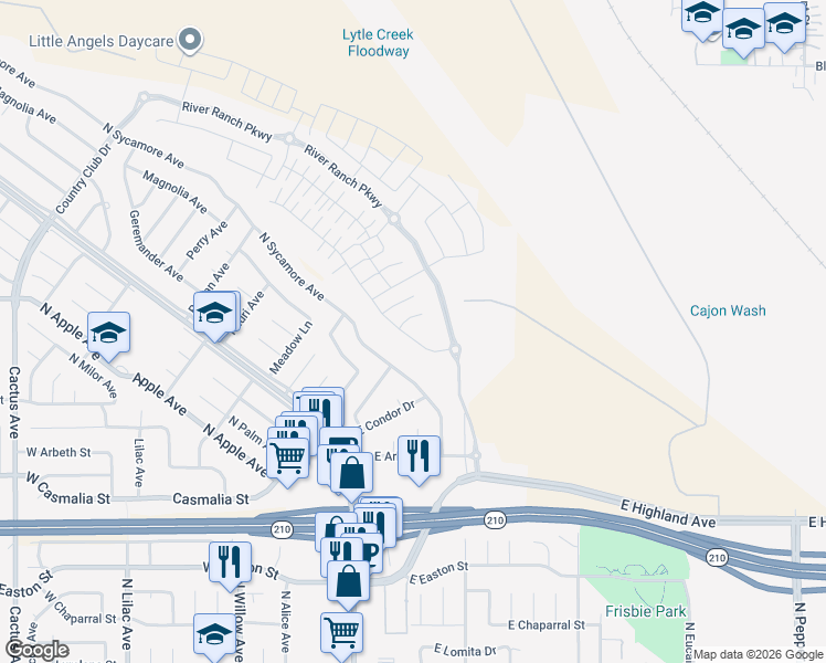 map of restaurants, bars, coffee shops, grocery stores, and more near 2257 North Sycamore Avenue in Rialto