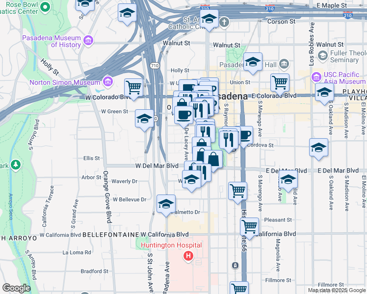 map of restaurants, bars, coffee shops, grocery stores, and more near 231 South De Lacey Avenue in Pasadena
