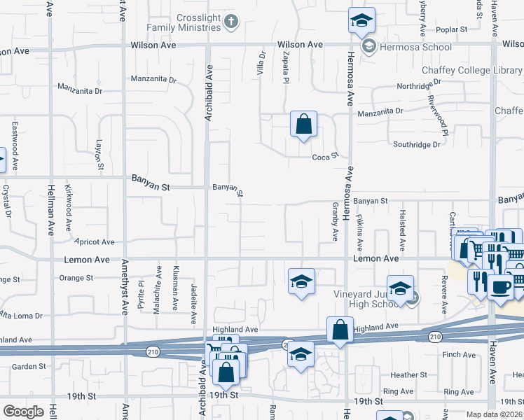 map of restaurants, bars, coffee shops, grocery stores, and more near 9855 Banyan Street in Rancho Cucamonga