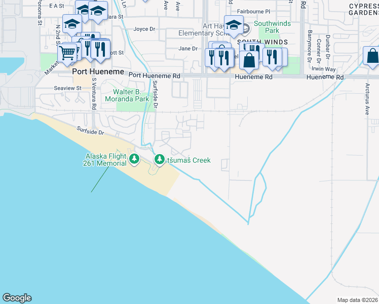 map of restaurants, bars, coffee shops, grocery stores, and more near 922 Lighthouse Way in Port Hueneme