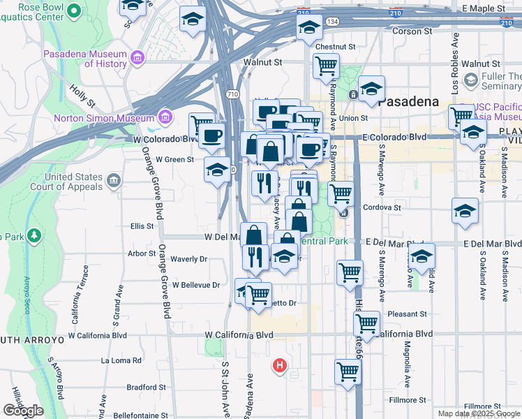 map of restaurants, bars, coffee shops, grocery stores, and more near 144 Valley Street in Pasadena
