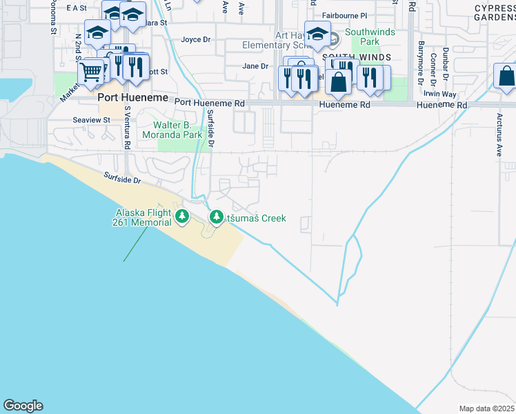 map of restaurants, bars, coffee shops, grocery stores, and more near 916 Lighthouse Way in Port Hueneme
