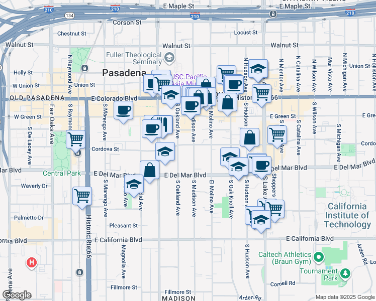 map of restaurants, bars, coffee shops, grocery stores, and more near 215 South Madison Avenue in Pasadena