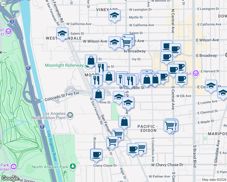 map of restaurants, bars, coffee shops, grocery stores, and more near 546 West Colorado Street in Glendale