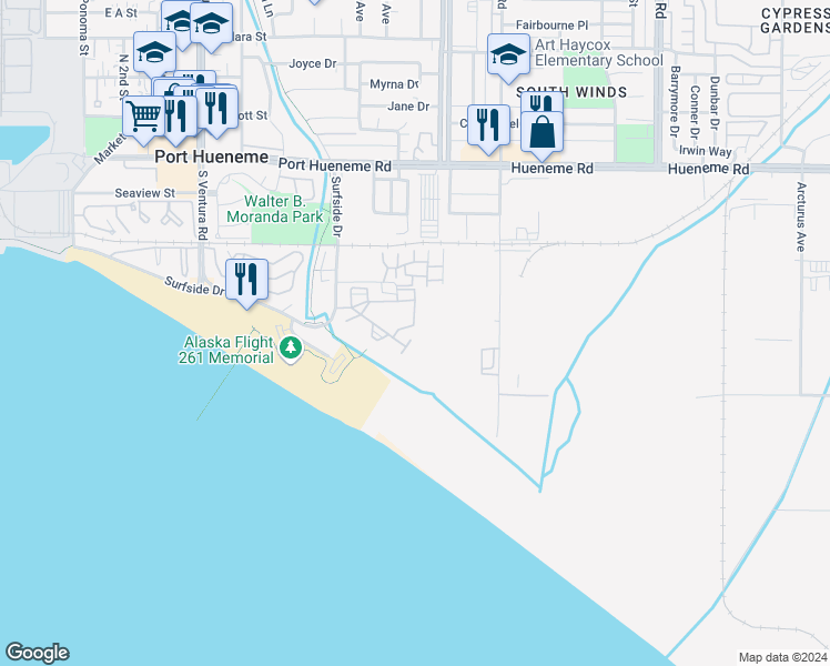 map of restaurants, bars, coffee shops, grocery stores, and more near 912 Lighthouse Way in Port Hueneme
