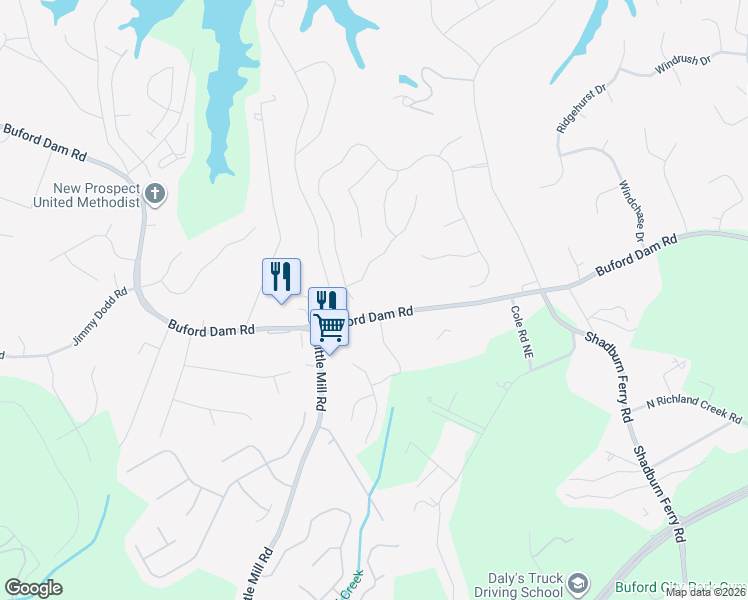 map of restaurants, bars, coffee shops, grocery stores, and more near 5751 Crest Hill Drive Northeast in Buford