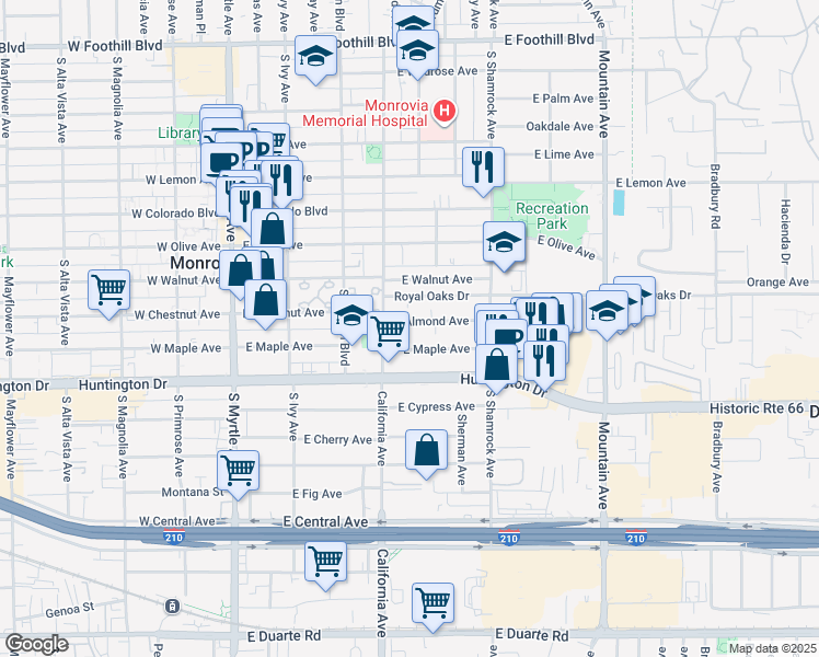 map of restaurants, bars, coffee shops, grocery stores, and more near 422 Almond Avenue in Monrovia