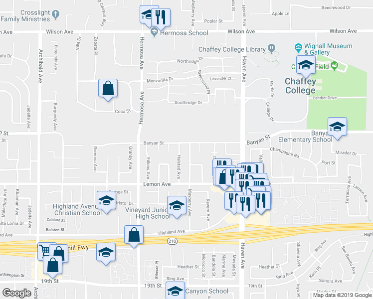 map of restaurants, bars, coffee shops, grocery stores, and more near 6162 Mayberry Avenue in Rancho Cucamonga