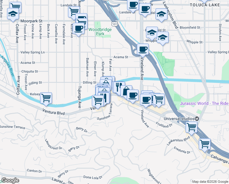 map of restaurants, bars, coffee shops, grocery stores, and more near 11201 Ventura Blvd in Studio City
