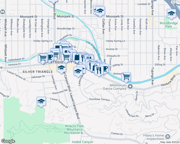 map of restaurants, bars, coffee shops, grocery stores, and more near 11837 Laurelwood Drive in Los Angeles