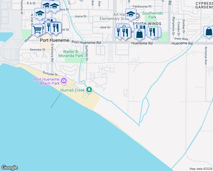 map of restaurants, bars, coffee shops, grocery stores, and more near 912 Lighthouse Way in Port Hueneme