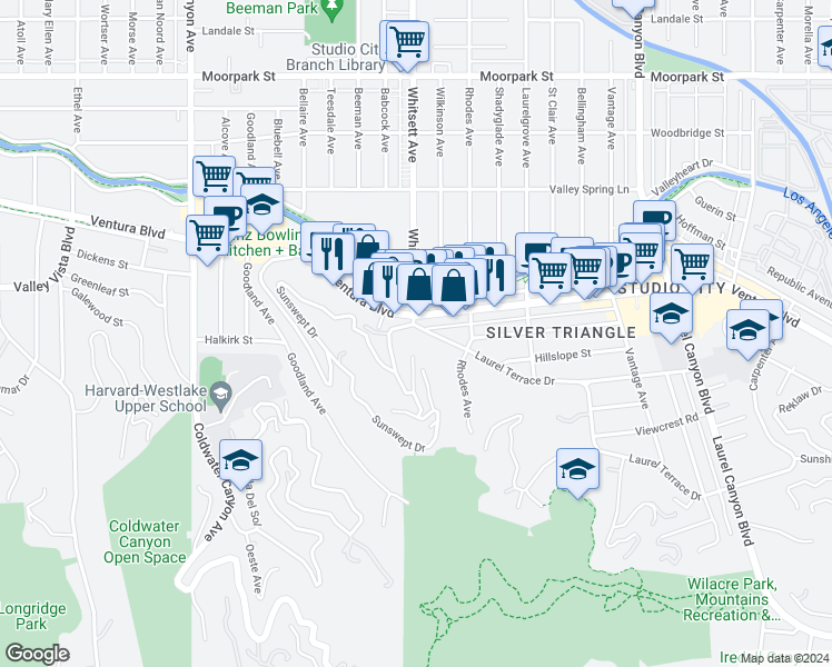 map of restaurants, bars, coffee shops, grocery stores, and more near 12464 Laurel Terrace Drive in Los Angeles