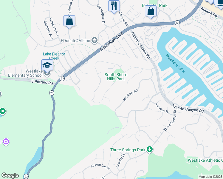 map of restaurants, bars, coffee shops, grocery stores, and more near 2086 Glastonbury Road in Westlake Village