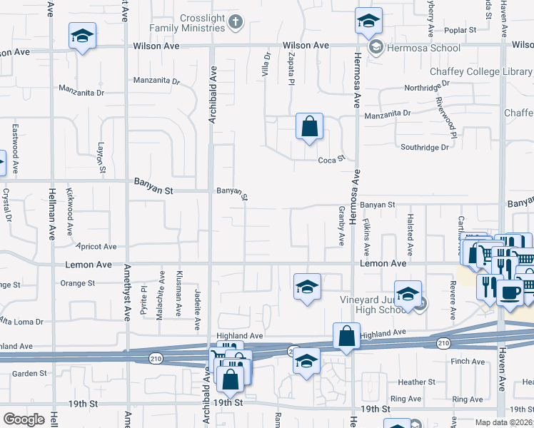 map of restaurants, bars, coffee shops, grocery stores, and more near 9855 Banyan Street in Rancho Cucamonga