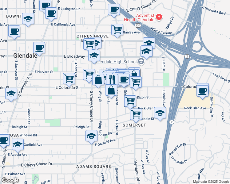 map of restaurants, bars, coffee shops, grocery stores, and more near 400 Fischer Street in Glendale