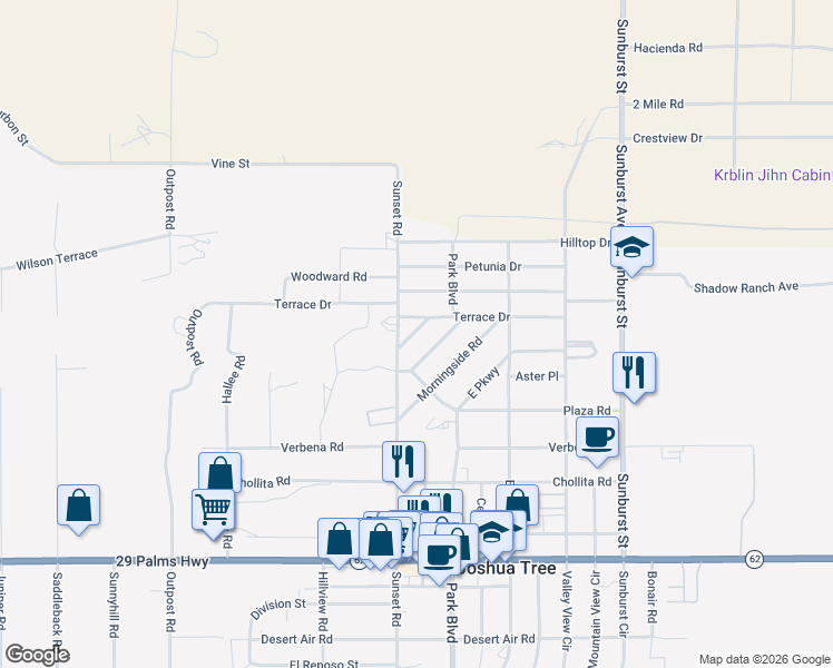 map of restaurants, bars, coffee shops, grocery stores, and more near 6101 Scenic Drive in Joshua Tree