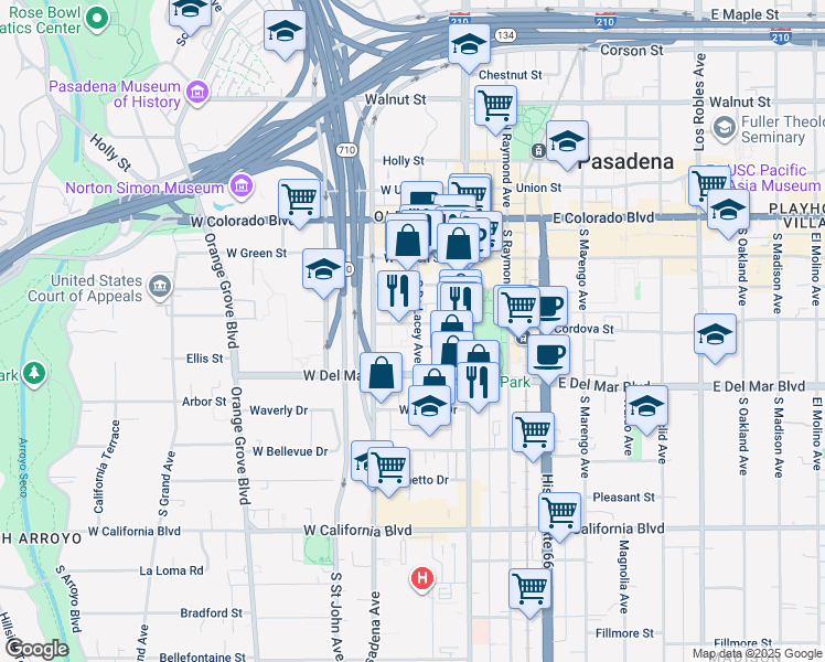 map of restaurants, bars, coffee shops, grocery stores, and more near 231 South De Lacey Avenue in Pasadena