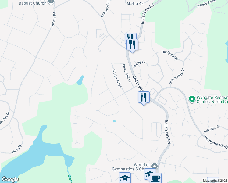 map of restaurants, bars, coffee shops, grocery stores, and more near 406 Walnut Drive in Woodstock